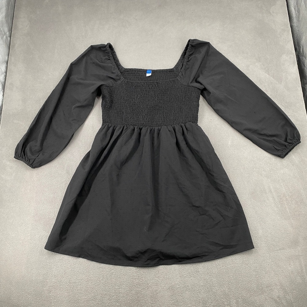 Old Navy Womens Black Smocked Clip Dot Long Sleeve Square Neck Mini Dress L